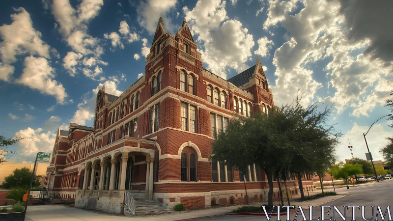 Redbrick civic building under dramatic afternoon sky.