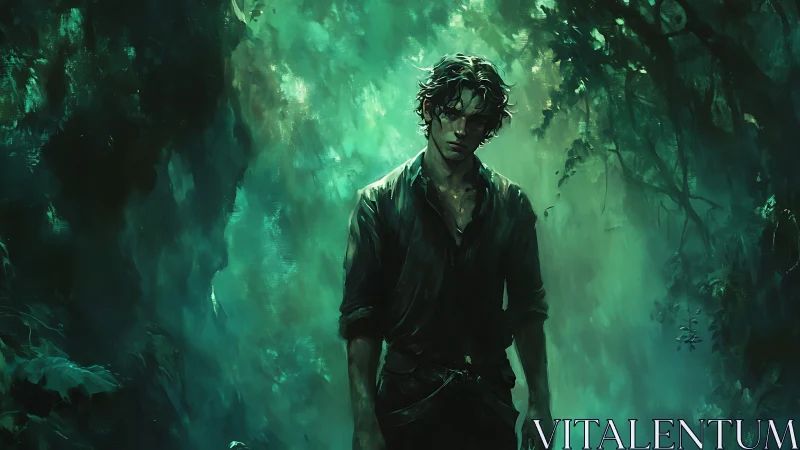 Brooding wanderer stands in emerald misted forest gloom.