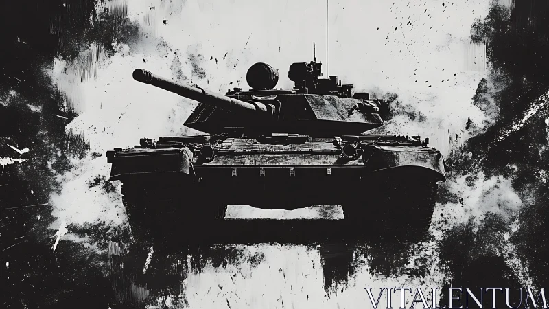 Monochrome battle tank surges through splintered inkstorm.