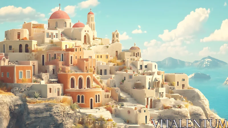 Sunlit cliffside village with domed Mediterranean chapels.