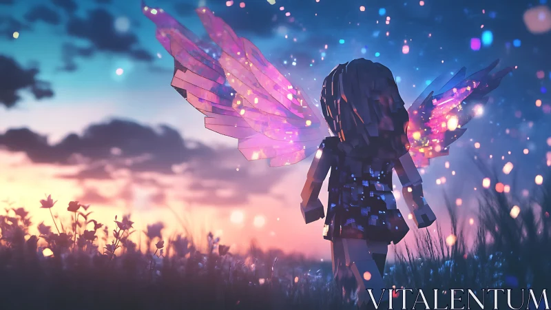 Voxel fairy silhouette with refractive wings in dusk bokeh field