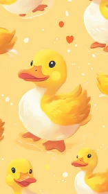 Yellow duck illustration pattern on pastel orange background.