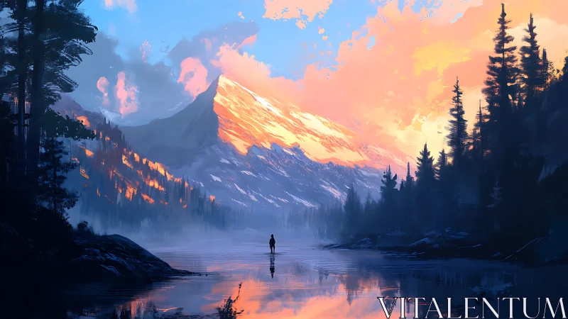 Digital alpine sunrise with reflective lake and lone figure.