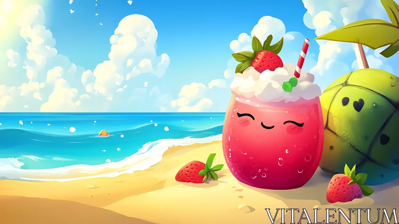 Anthropomorphic beverage with fruit garnish on sandy beach setting.