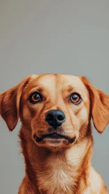 Golden brown dog gazes calmly into camera on soft gray backdrop