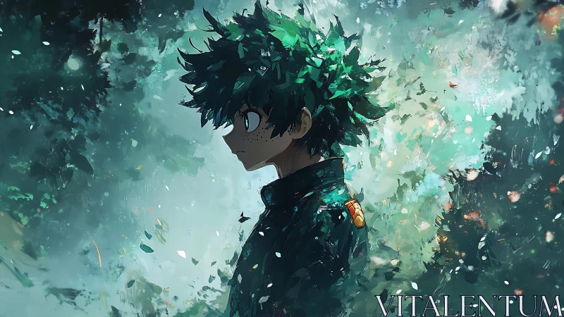 Green-sparked dreamer drifts through a storm of painted leaves