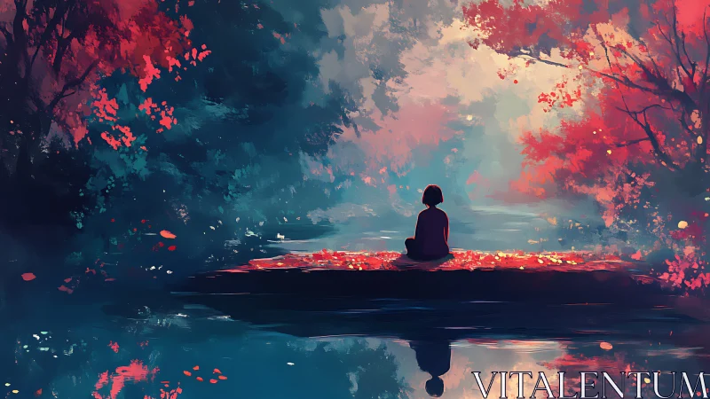 Silhouette figure on forest log beside reflective water surface.