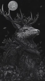 Lunar-lit stag entwined with foliage rendered in monochrome etching