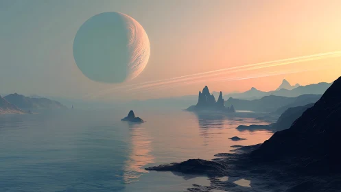 Alien ocean moonrise under pastel skies and distant rings.