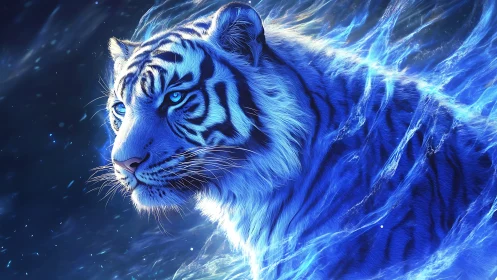 Mystic blue tiger gazes ahead with calm, shimmering power