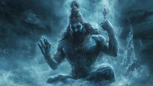 Mystic blue deity resting within swirling ocean light.