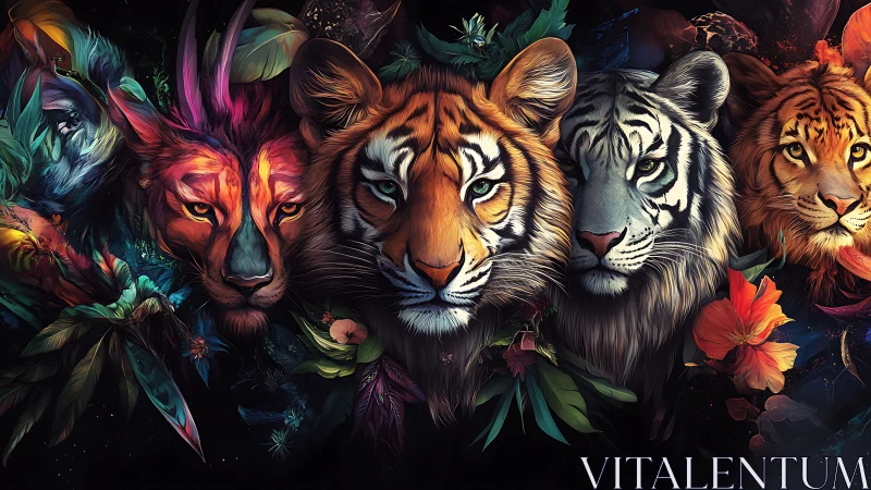 Big Cats Portrait Rendered with Vibrant Neon Floral Botanical Elements