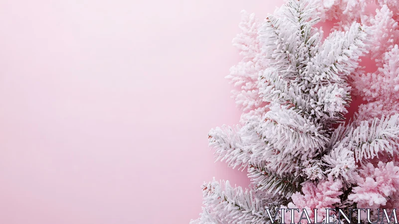 Frosted pine branches on pastel pink minimal winter backdrop.
