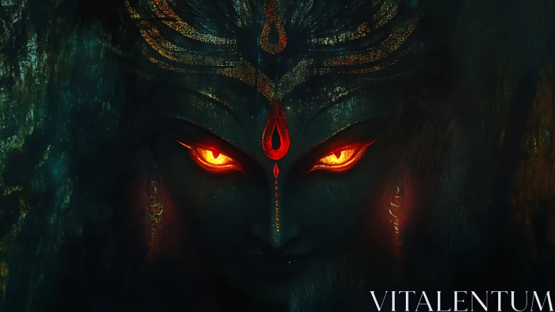Fiery eyed dark goddess face emerging from deep shadow.