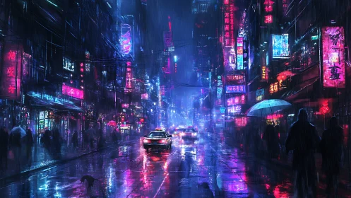 Neon rain paints a vibrant night street in glowing color