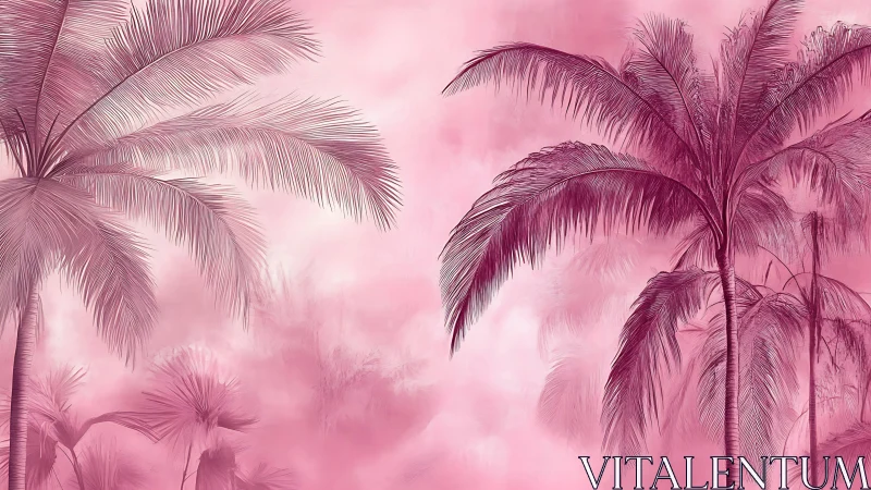 Monochrome pink palm grove with soft atmospheric haze.