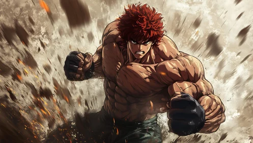 Muscular anime fighter charging through exploding debris.