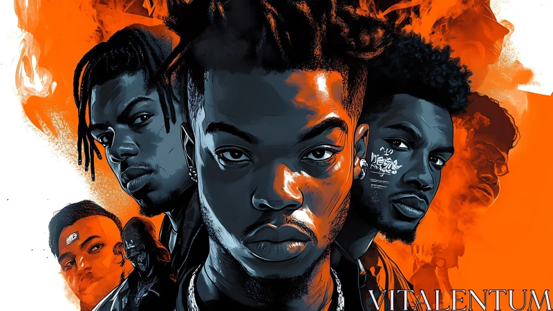 Digital hip-hop portrait ensemble uses bold cyan-orange contrast