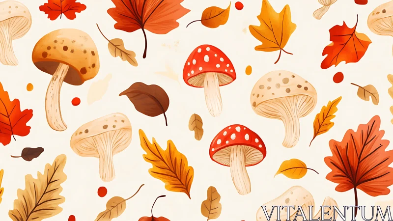 Playful autumn mushrooms and leaves create a warm pattern