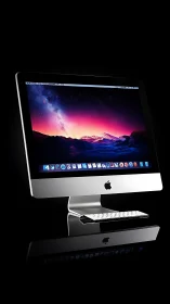 Edge-lit aluminum desktop display isolates against black negative space