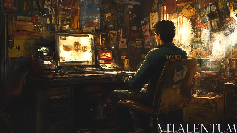 Man sits at cluttered workstation in dim neon-lit room