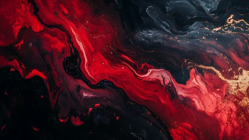 Red and dark fluid pigments form layered, swirling channels