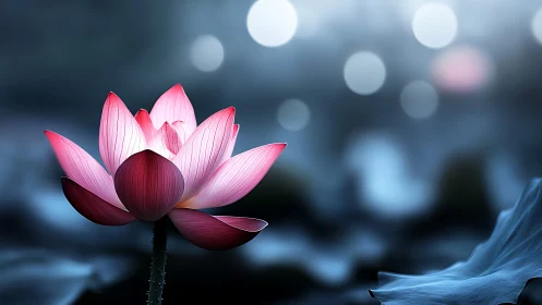 Pink Lotus Flower Blooms Against Ethereal Blue Bokeh Background.