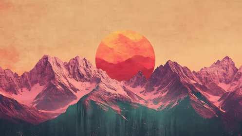 Crimson sun melting over sherbet mountains at dusk.