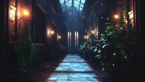 Starlit conservatory corridor where quiet vines keep secrets.
