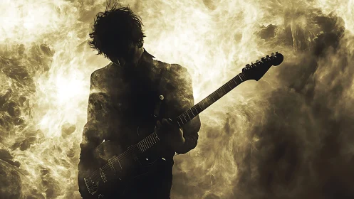 Silhouetted electric guitarist framed by swirling smoke.