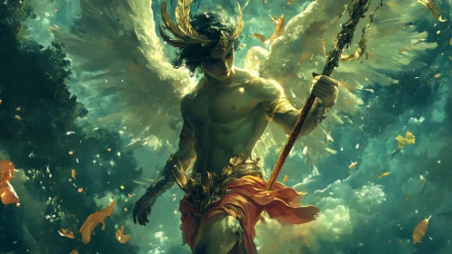 Winged celestial warrior descends through blazing storm