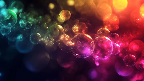 Luminous rainbow bubbles drift through vibrant bokeh field.