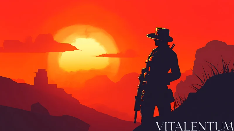 Lone armed cowboy surveys blazing desert sunset horizon