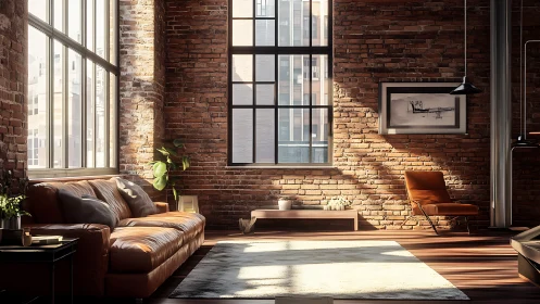 Sunlit loft lounges lazily in brick, leather, and shadow