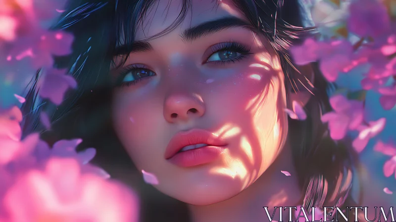 Digital painting portrait with floral bokeh and dappled light.