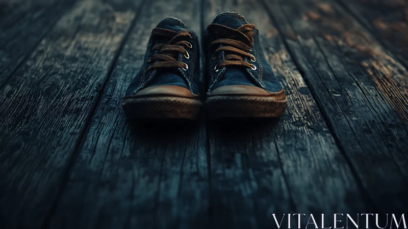 Well-worn sneakers resting quietly on weathered boards.