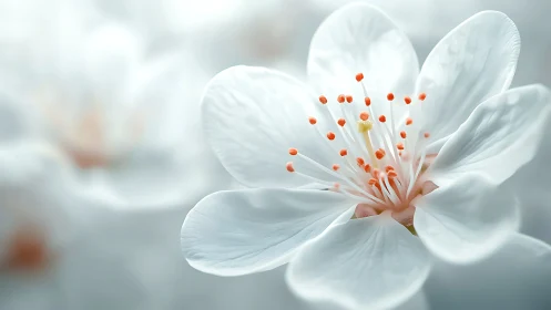 White Flower Bloom with Coral Stamens Close-up