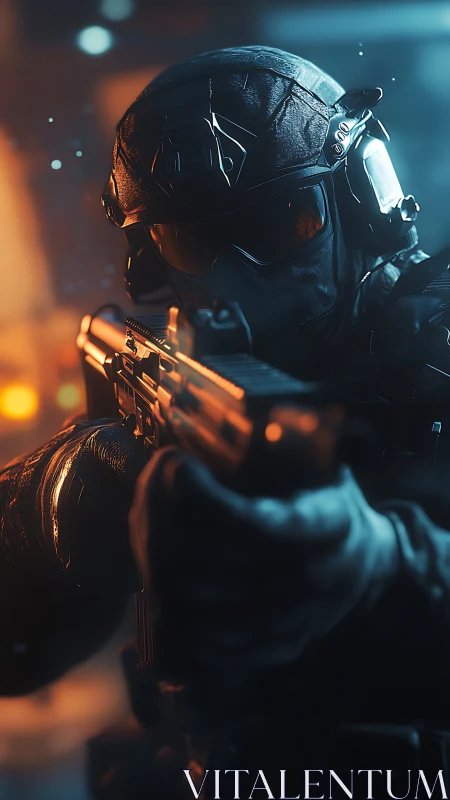 Tactical operator aims weapon under high contrast cinematic lighting