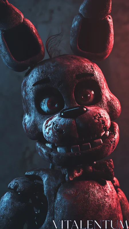 Rusted animatronic rabbit under harsh red rim light.