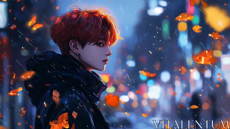 Red haired figure in rainy neon street with orange leaves.