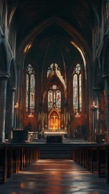 Gothic cathedral altar glows beneath soaring vaulted arches.