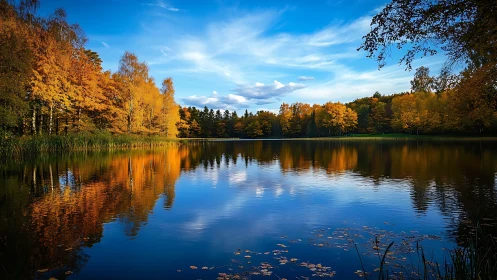 Autumn shoreline trees reflect crisply on still freshwater lake surface