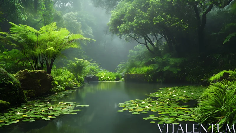 Misty jungle pond rests beneath lush emerald canopy