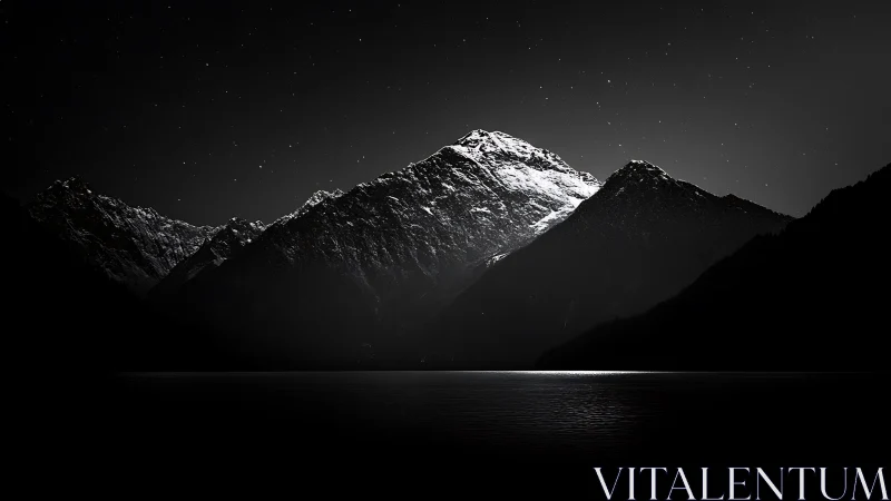 Moonlit mountain hush beneath a quiet scatter of stars.