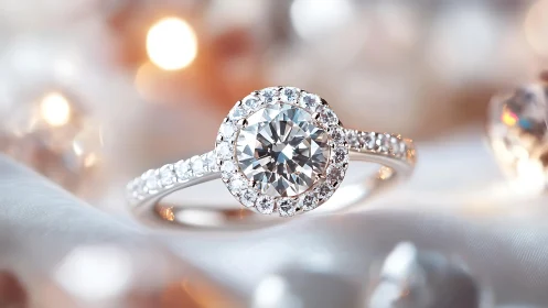 Halo-set diamond engagement ring glows in soft bokeh light