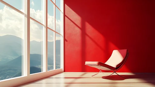 Minimalist Interior with Mountain Landscape View.
