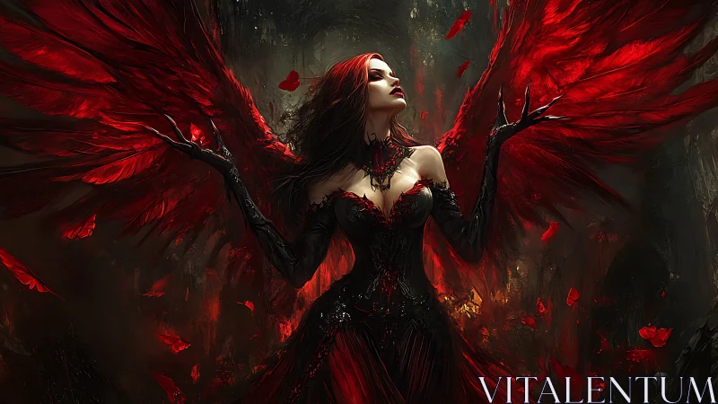 Scarlet-winged dark angel rises amid burning shadows.