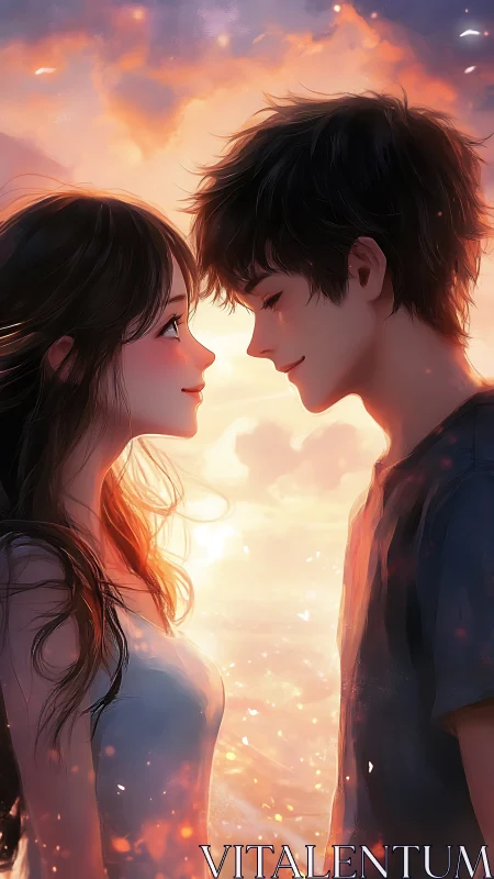 Two Hearts Converge Through Luminous Embrace Under Burning Sky