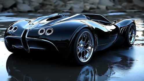 Low-slung black concept roadster with chromed multi-spoke wheels