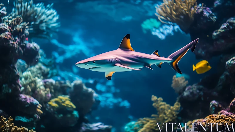 Shark glides like a silver arrow through neon coral cities